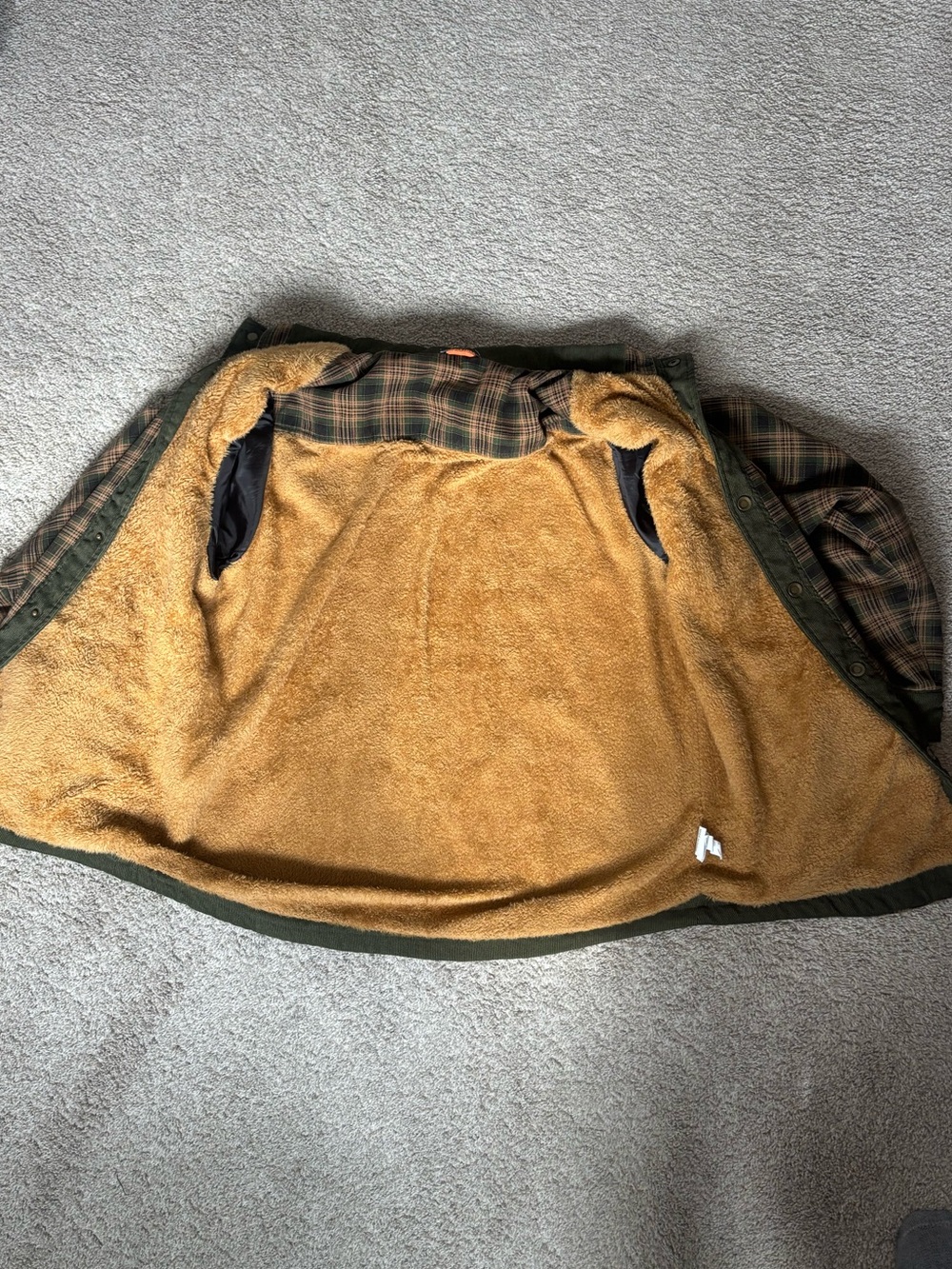 Olive Green Brown Plaid Sherpa Lined Flannel Shacket Barn Jacket 100% Cotton - Picture 9 of 10